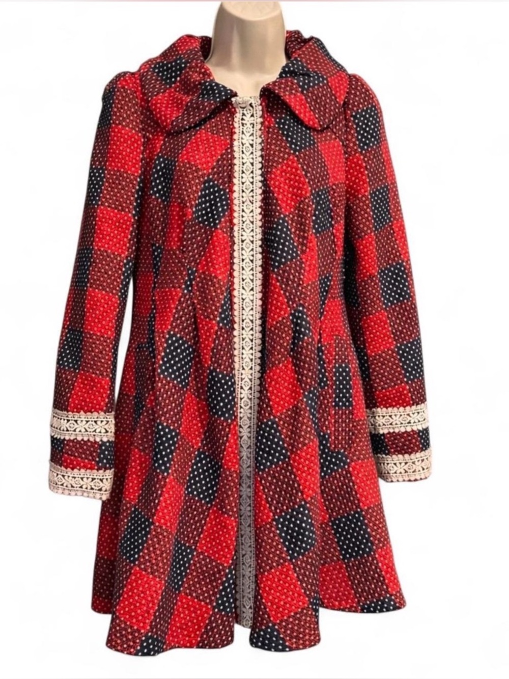Ryu Red & Black Plaid Lace-Trim Hooded Cape Coat
